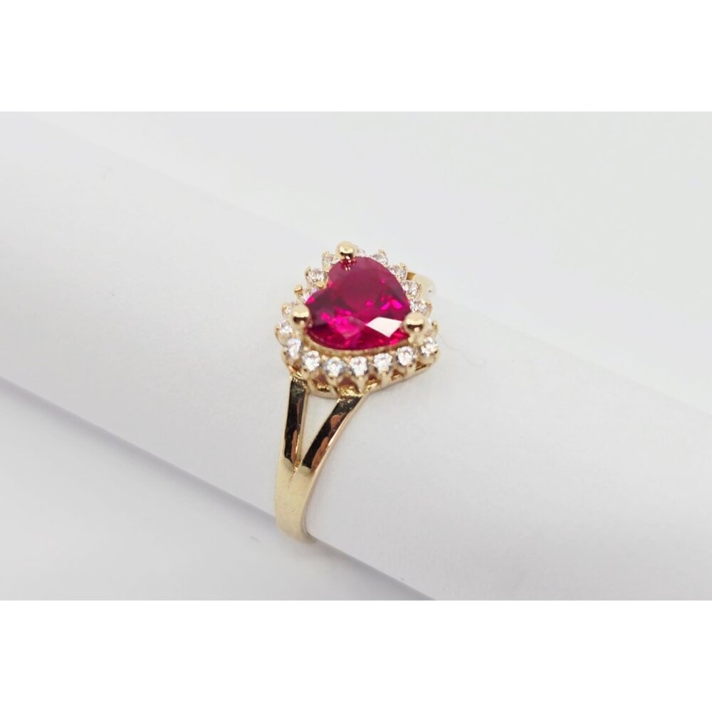 14K Solid Yellow Gold Designer Heart Shaped Synthetic Ruby & CZ Ring - Size 6.50 - Picture 7 of 14